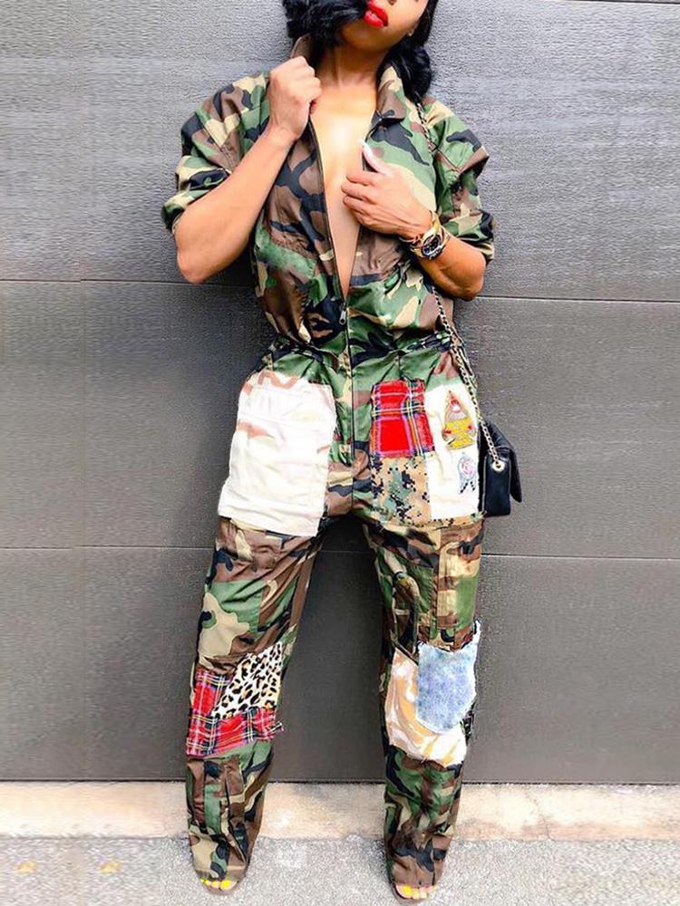 

Camo Print Patchwork Zipper Design Jumpsuits, Army green