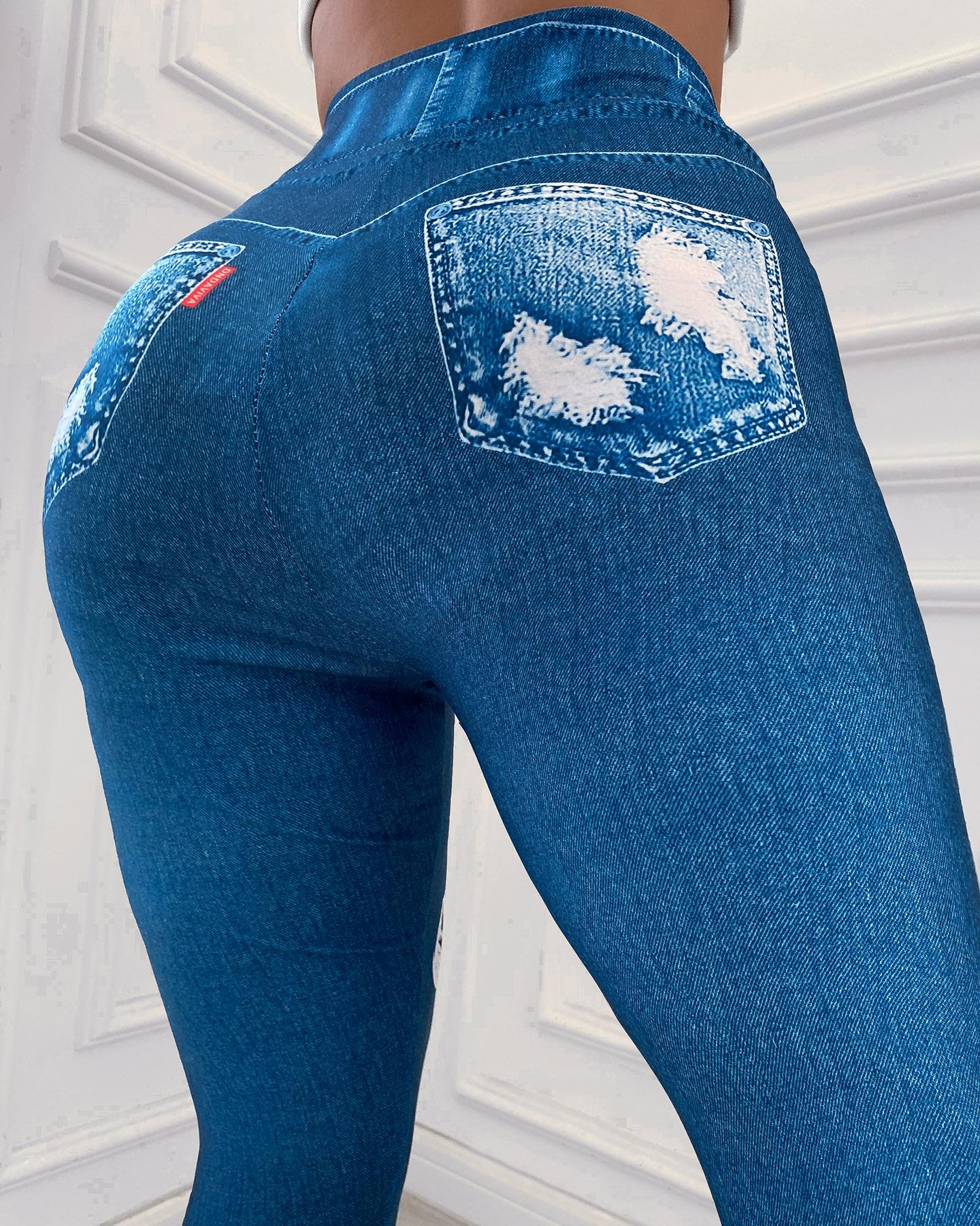

High Waist Seamless Denim Pattern Print Leggings, Blue
