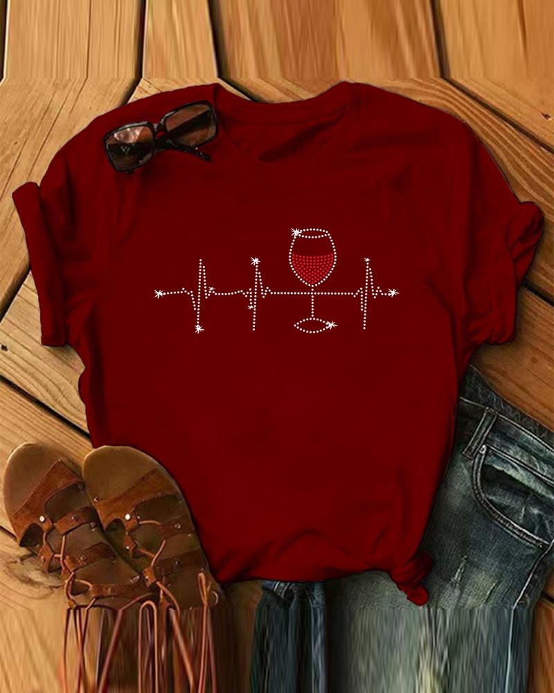 

Christmas Rhinestone Wine Glass Pattern Casual T-shirt, Wine red