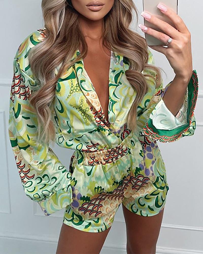 

Allover Print Long Sleeve Shirt & Shorts Sets With Headband, Green