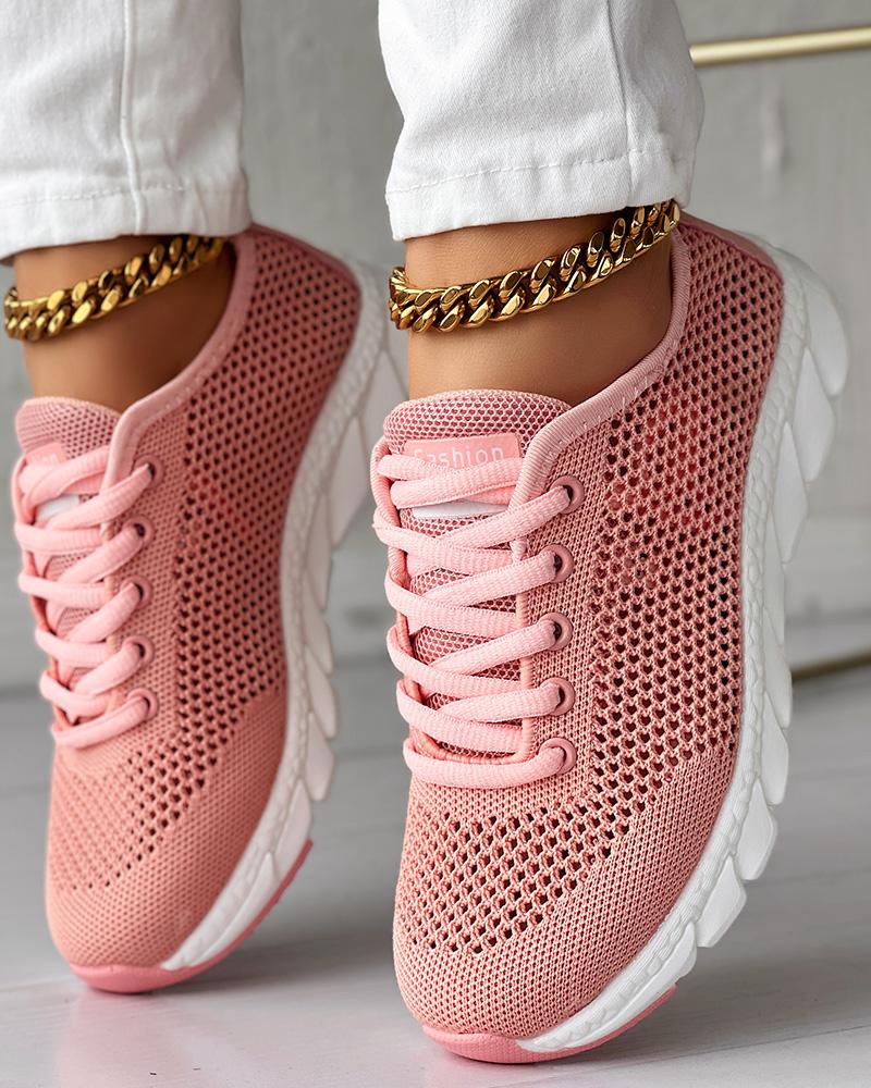 

Lace-up Breathable Round Toe Sneakers, Pink