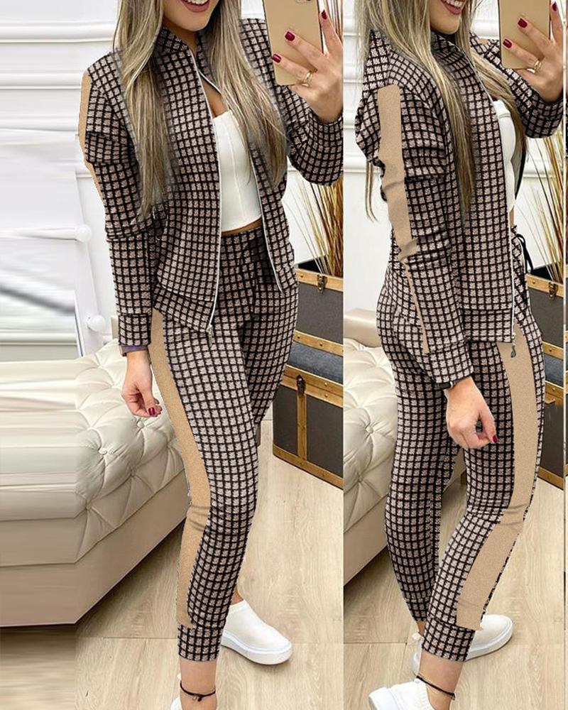 

Plaid Print Zip Up Jacket & Drawstring Pants Set, Coffee