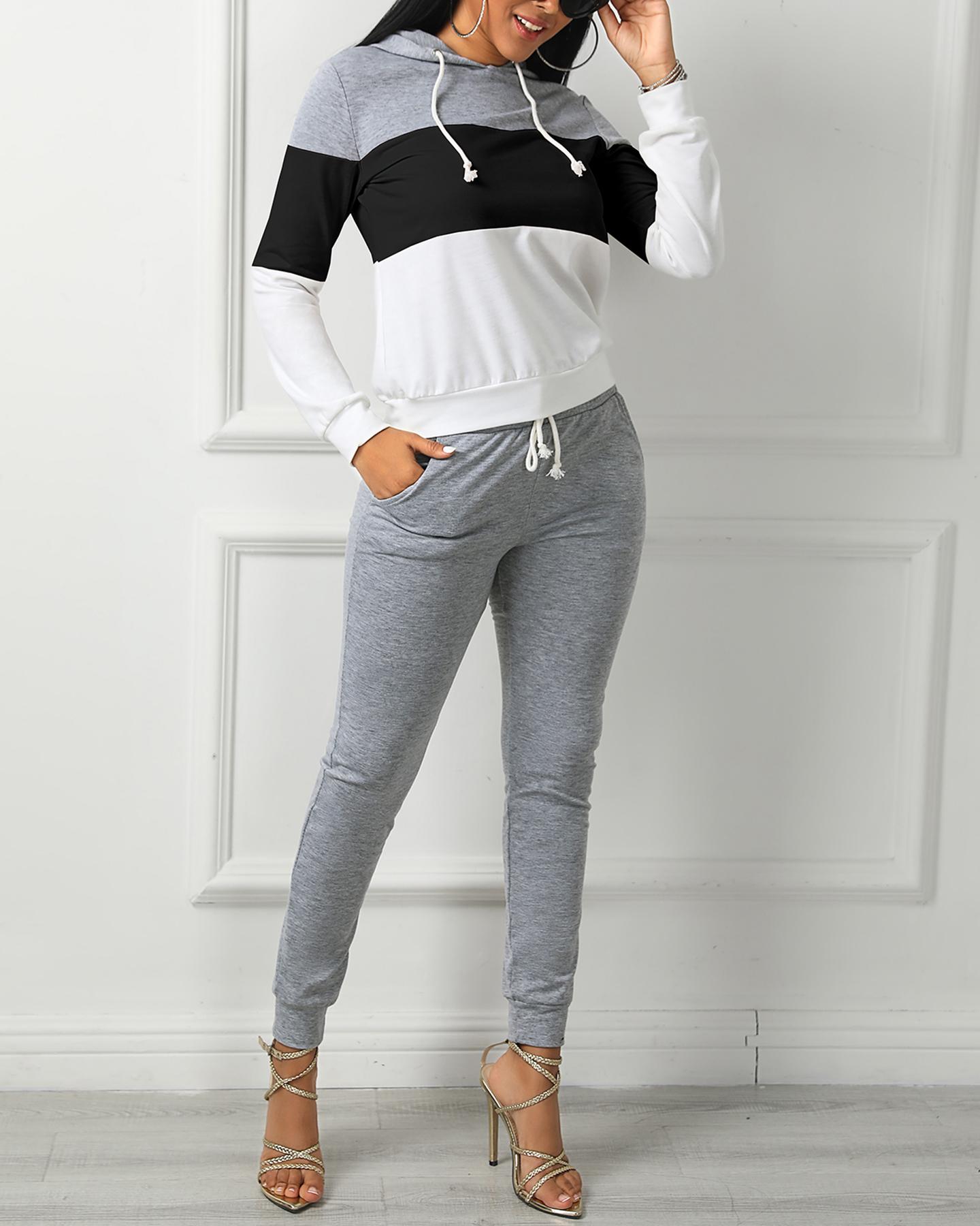 

Drawstring Colorblock Hooded Women Top & Pant Sets, Black