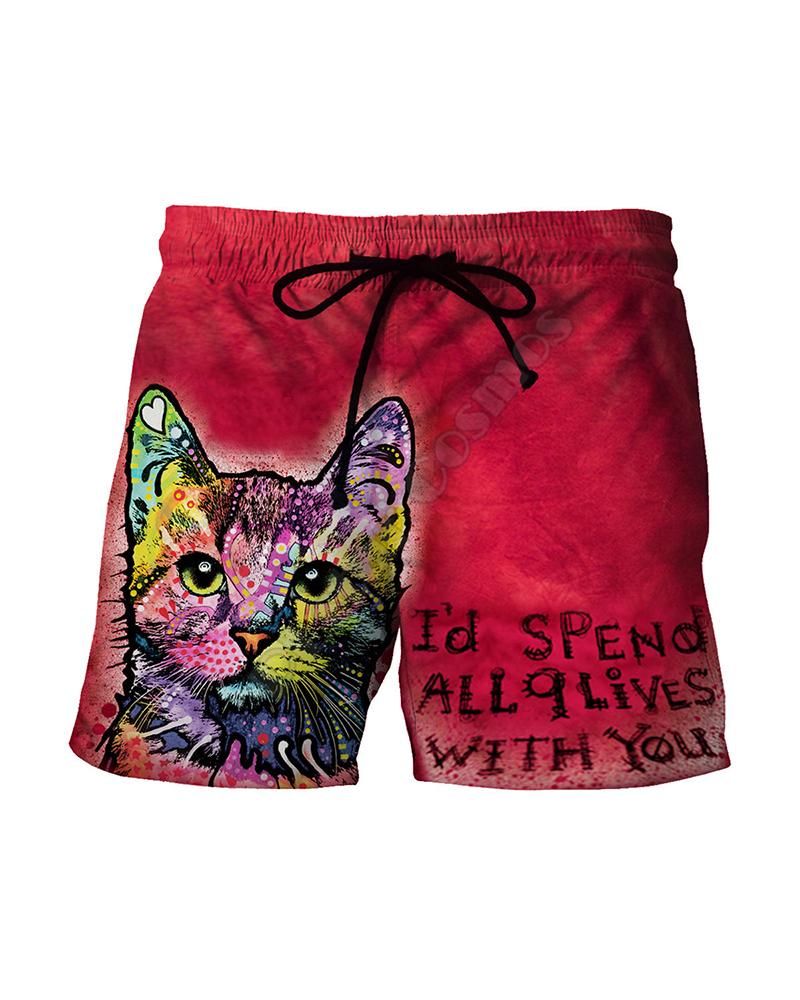 

Catty Print Loose Drawstring Beach Shorts, Red