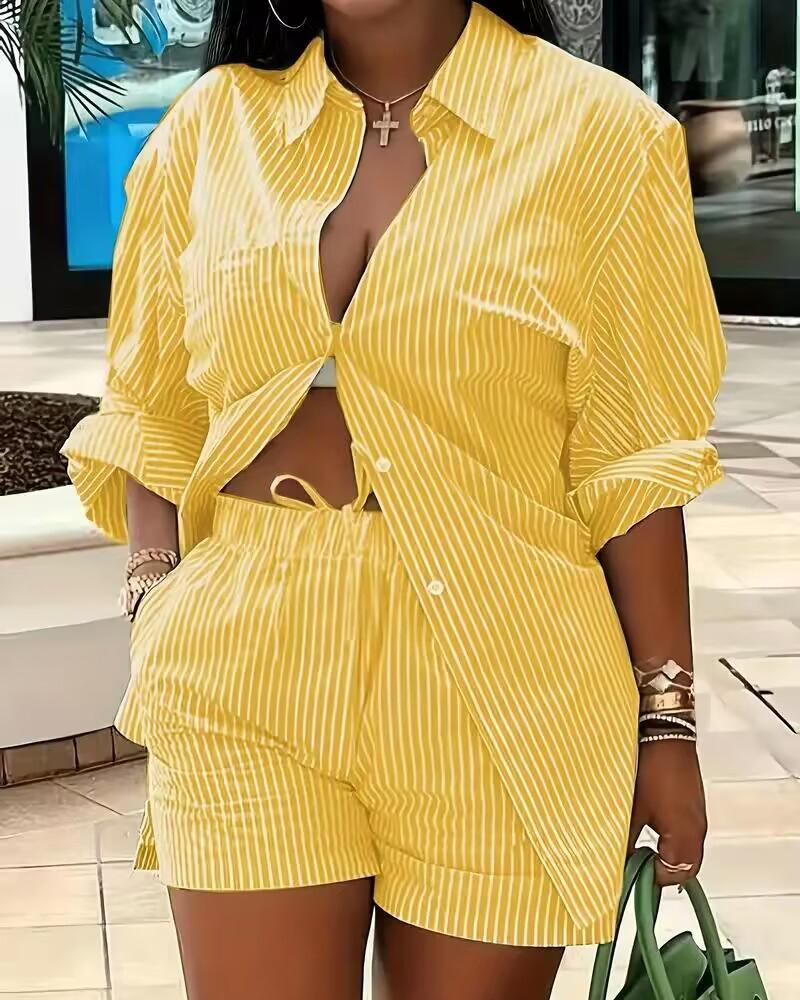 

Striped Buttoned Shirt & Shorts Set, Yellow