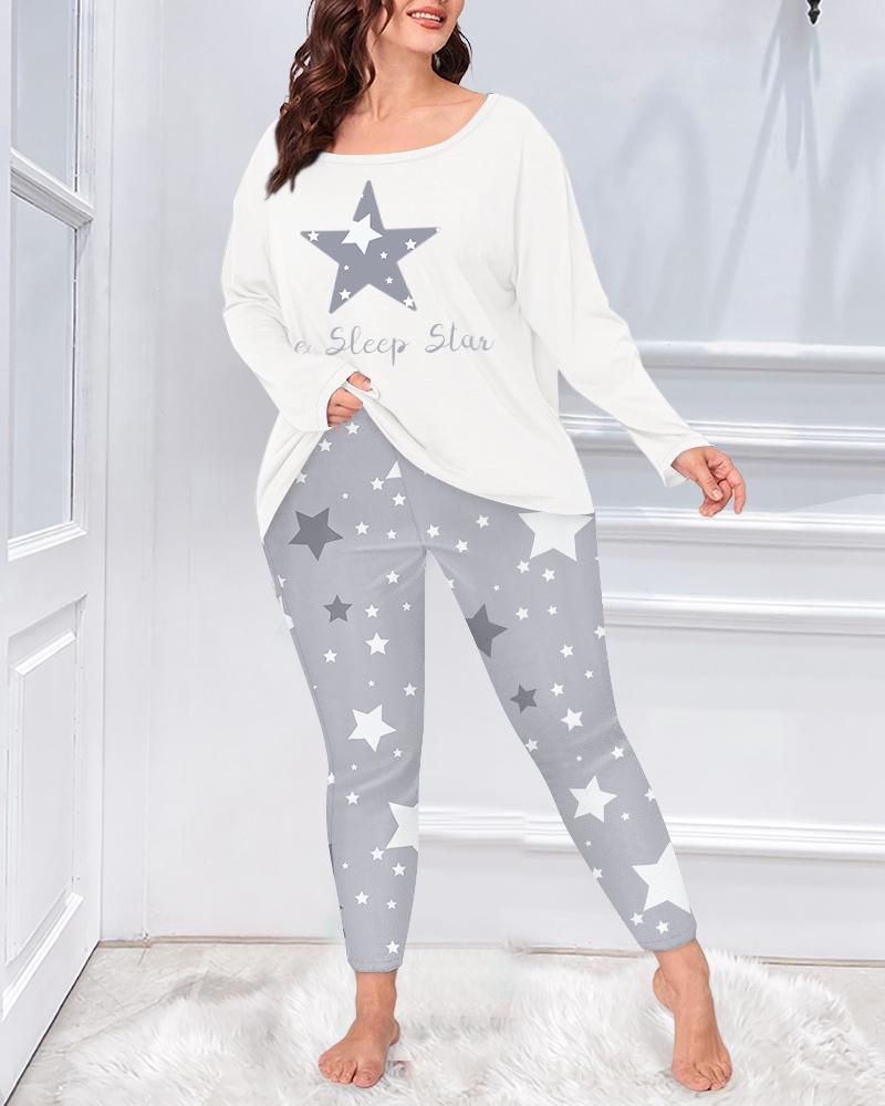 

Plus Size Star Letter Print Colorblock Pajamas Set, Gray