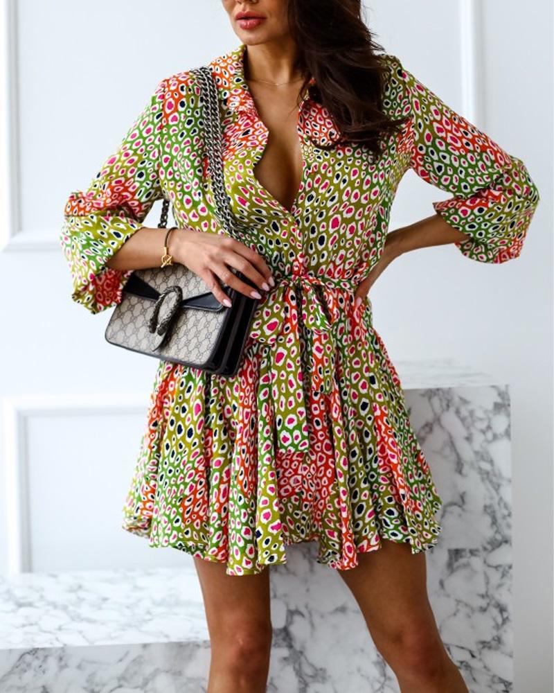 

Allover Print Long Sleeve Button Down Shirt Dress, Green