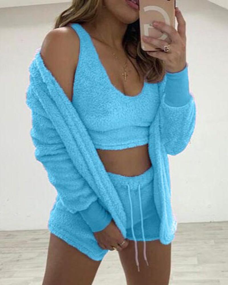 

Fuzzy Tank Top & Shorts Set With Cardigan, Lighted blue