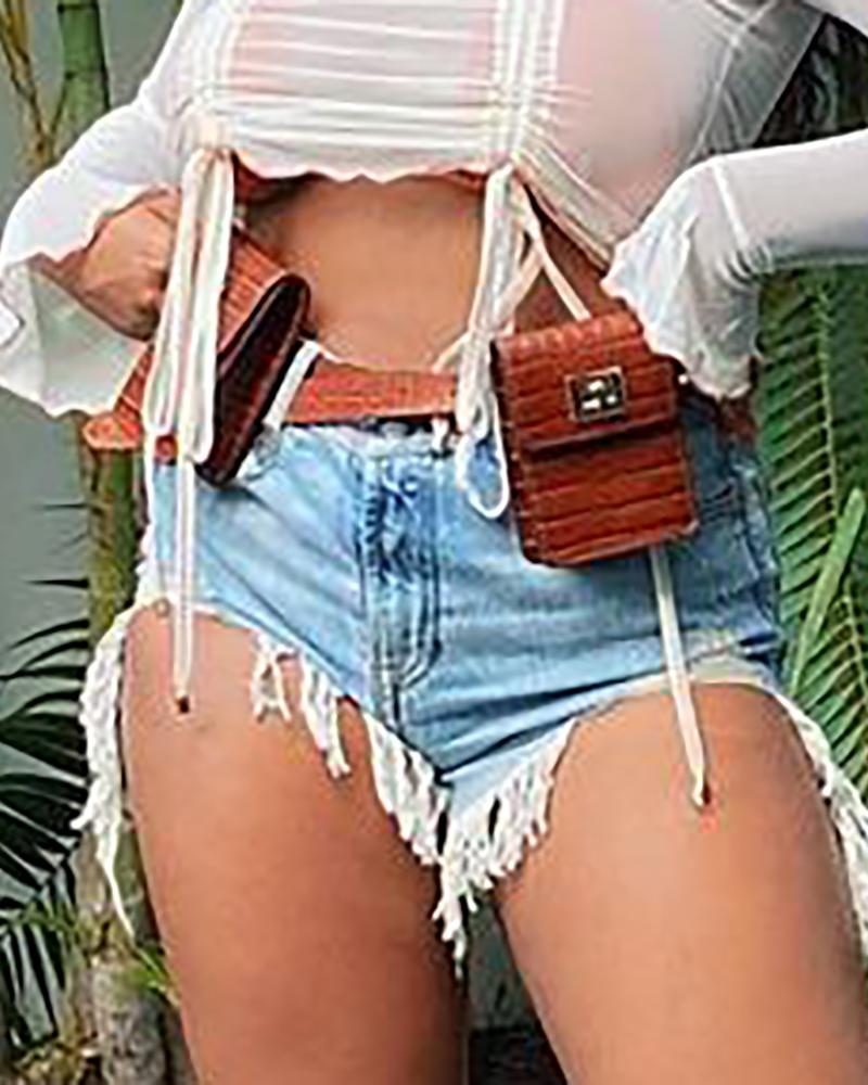 

Fringe Hem Ripped Denim Shorts, Blue