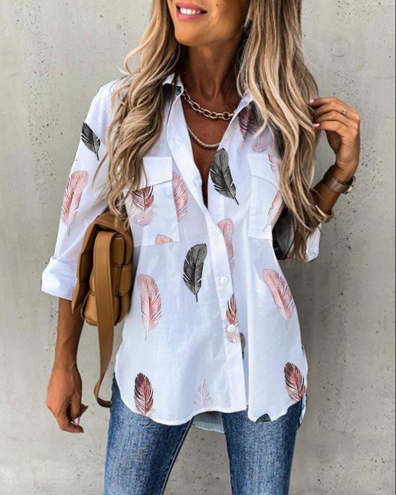 

Feather Print Pocket Detail Button Down Shirt, White