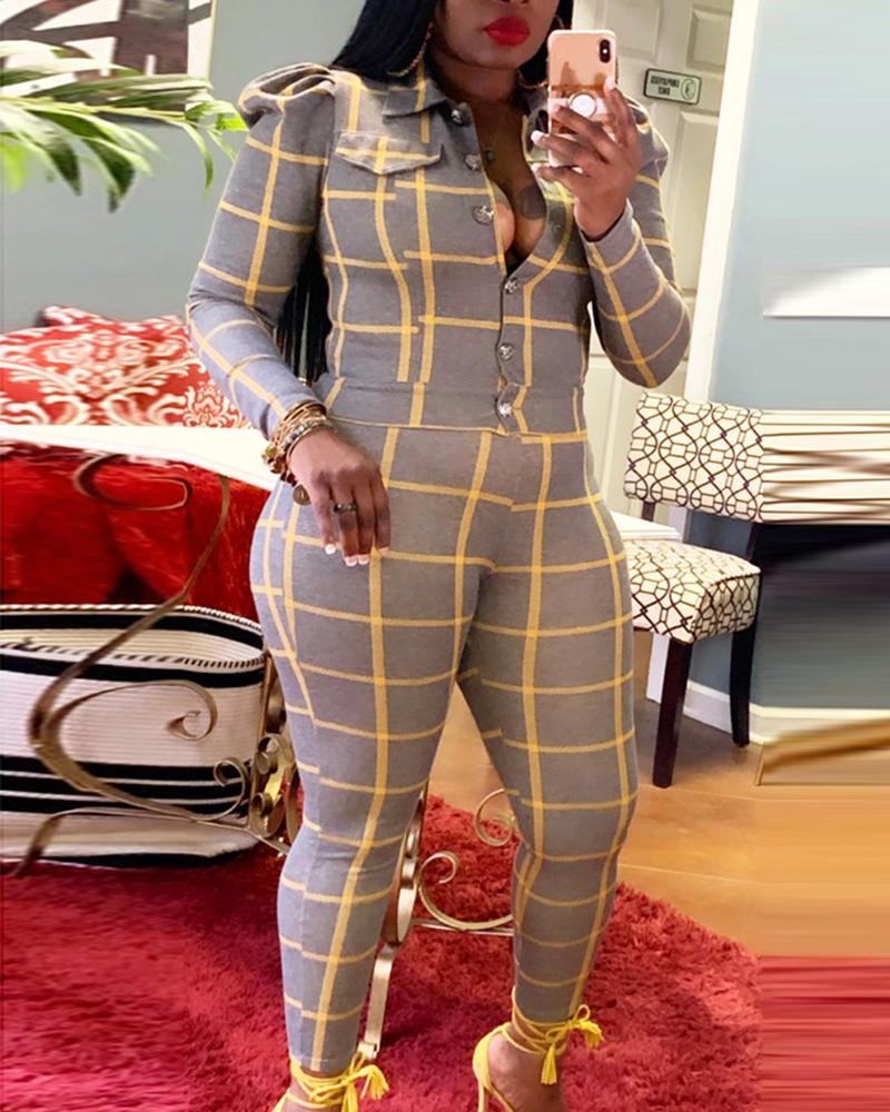 

Colorblock Puffed Sleeve Top & Pants Set, Yellow