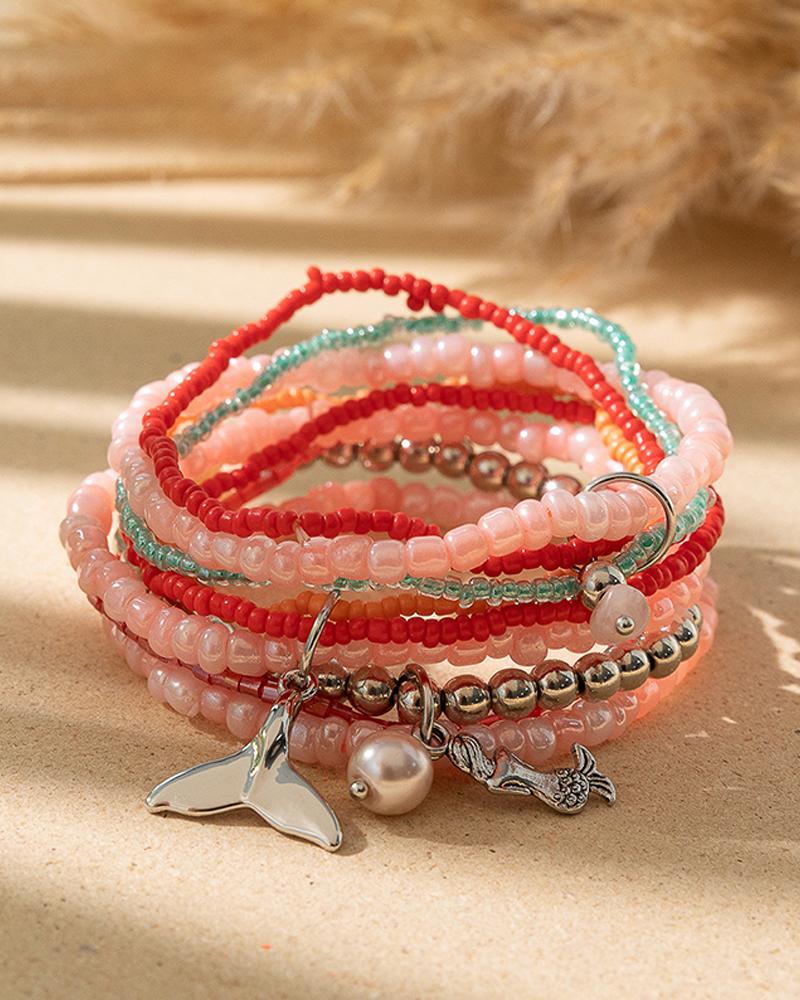 

3pcs Colorblock Fishtail & Mermaid Pattern Layered Beaded Bracelets Set, Pink