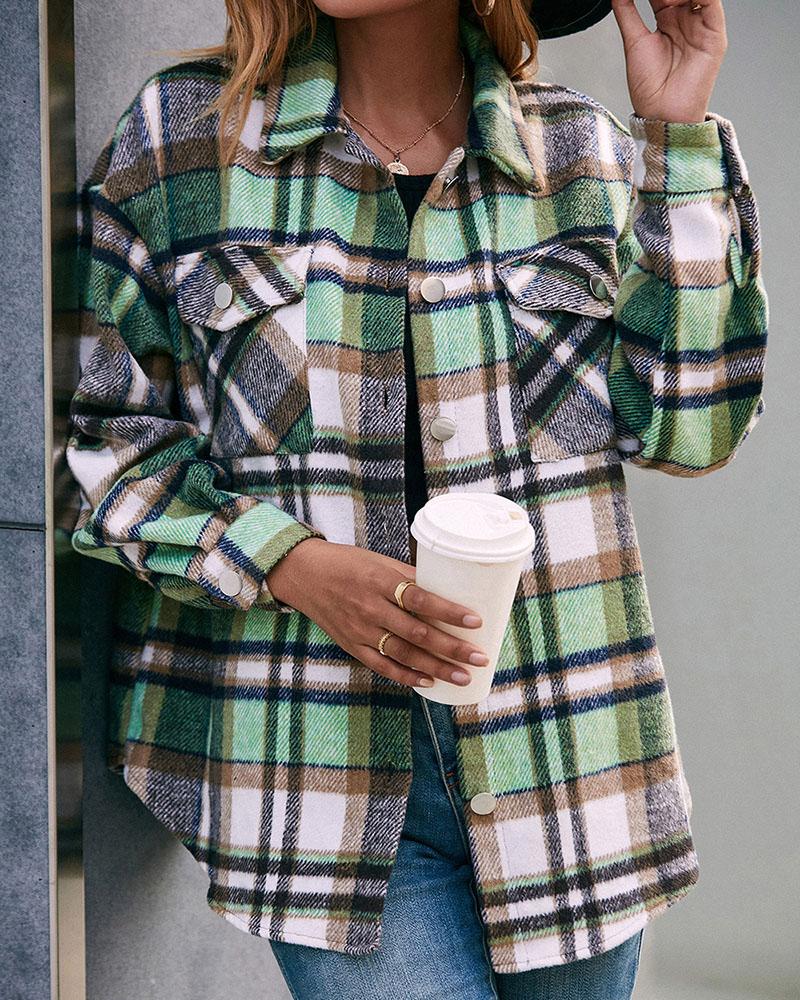 

Plaid Print Pocket Design Button Front Shacket, Green