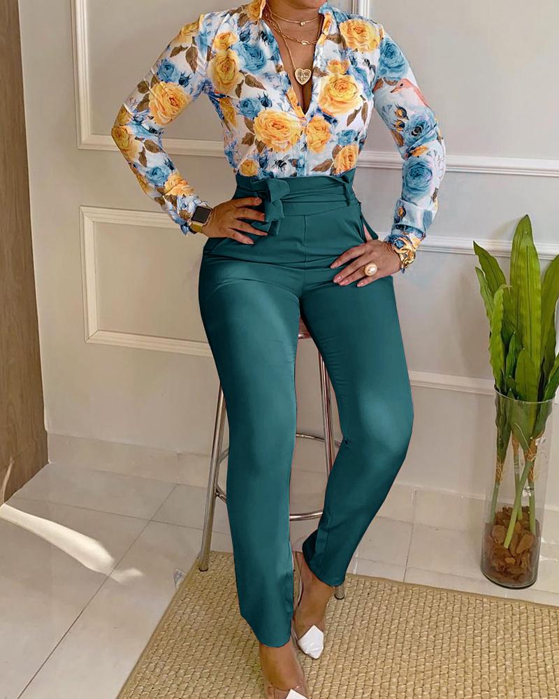 

Floral Print Long Sleeve Shirt & Pants Set, Green