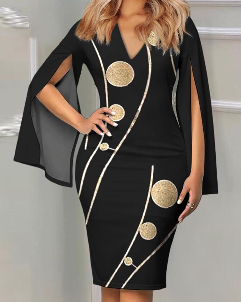 

Geometric Print Split Sleeve Midi Dress, Black