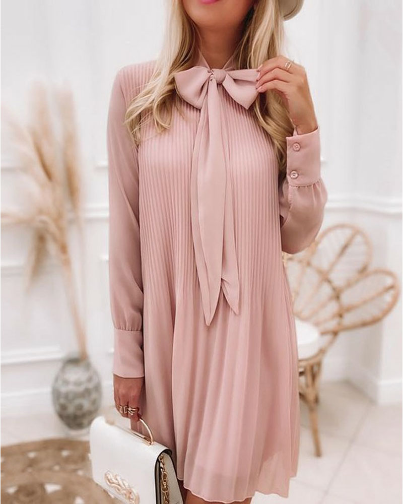 

Tie Neck Long Sleeve Casual Dress, Pink