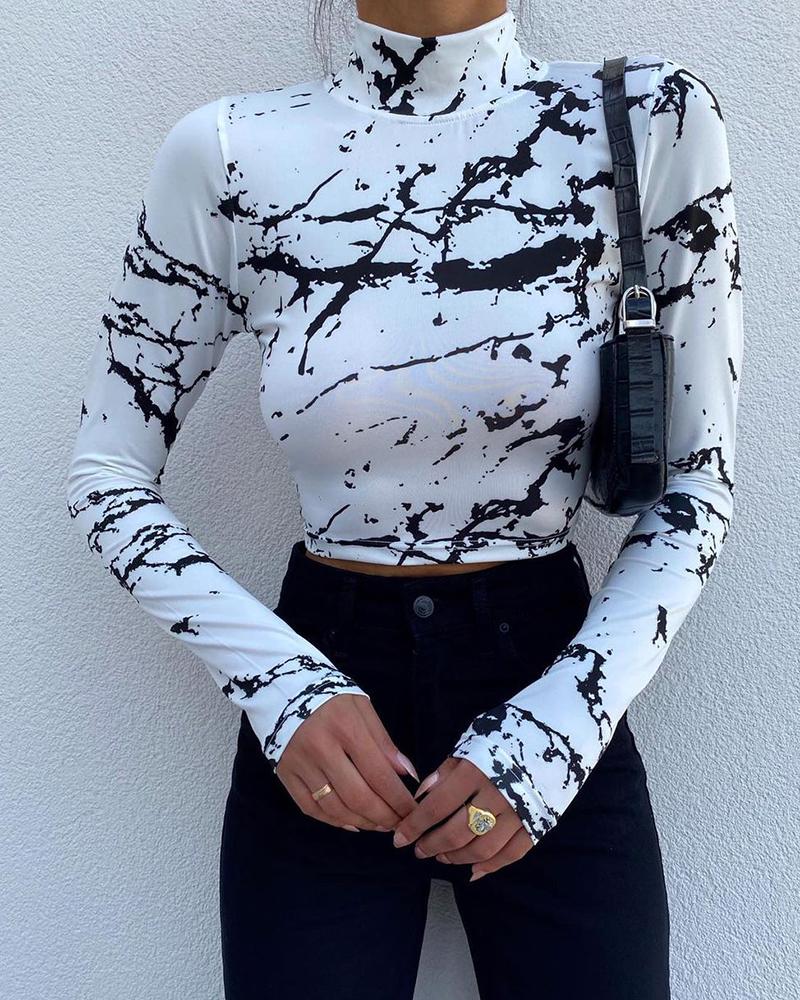 

Marble Print High Neck Long Sleeve Top, White