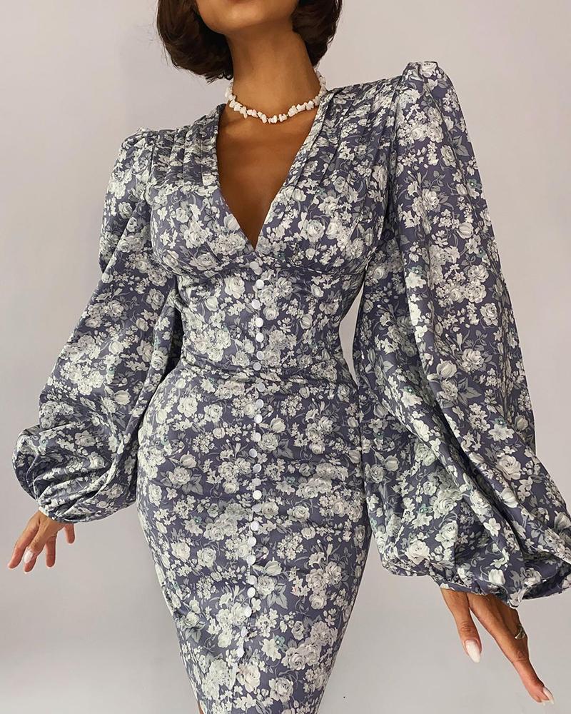 

Floral Print V-Neck Lantern Sleeve Pleated Detail Slim Waist Skinny Dress, Blue
