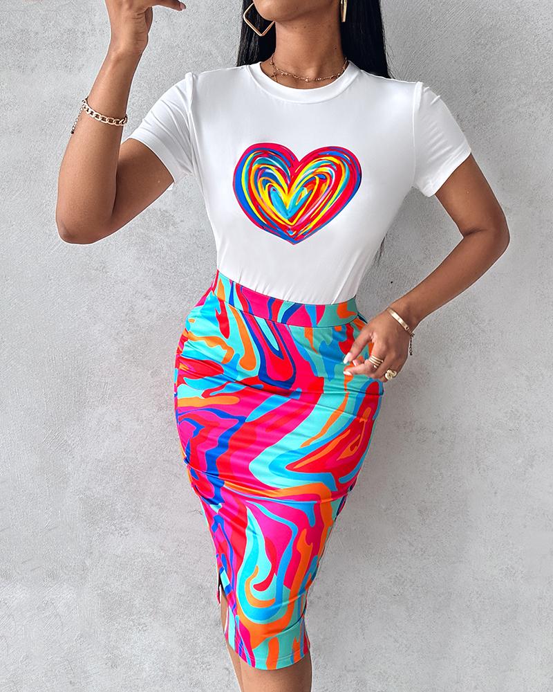 

Heart Abstract Print Top & Slit Skirt Set, Hot pink