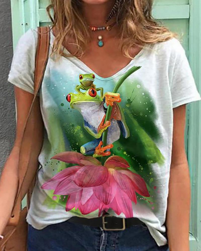 

Floral Animal Print V Neck Short Sleeve Casual T-Shirt, Style1