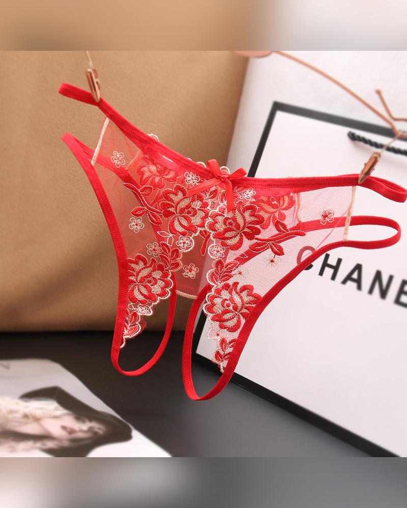 

Sexy See-through Splicing Floral Embroidery Thong Panties, Red