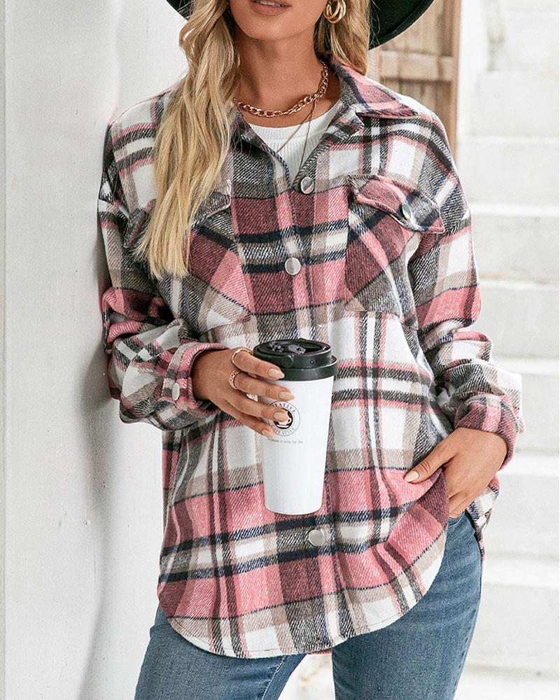 

Plaid Print Pocket Design Button Front Shacket, Pink