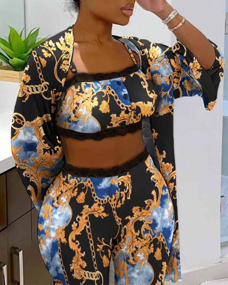 

Chain Floral Lace Trim Button Decor Lounge Set With Cardigan, Black