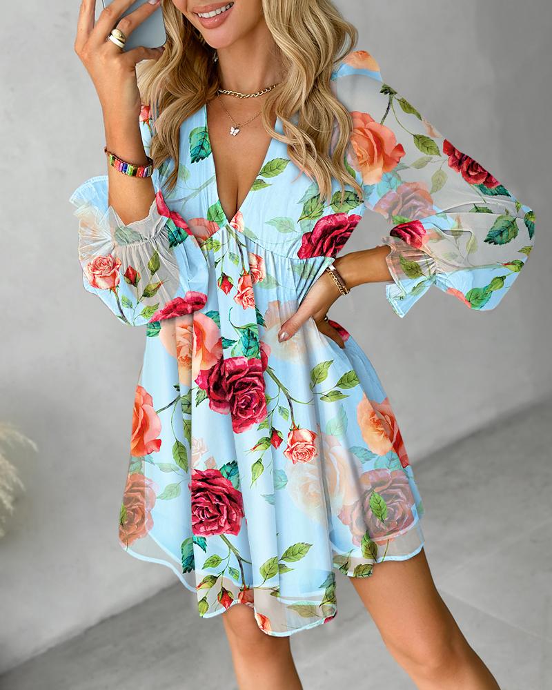 

Floral Print Deep V-Neck Mesh Patch Casual Dress, Blue