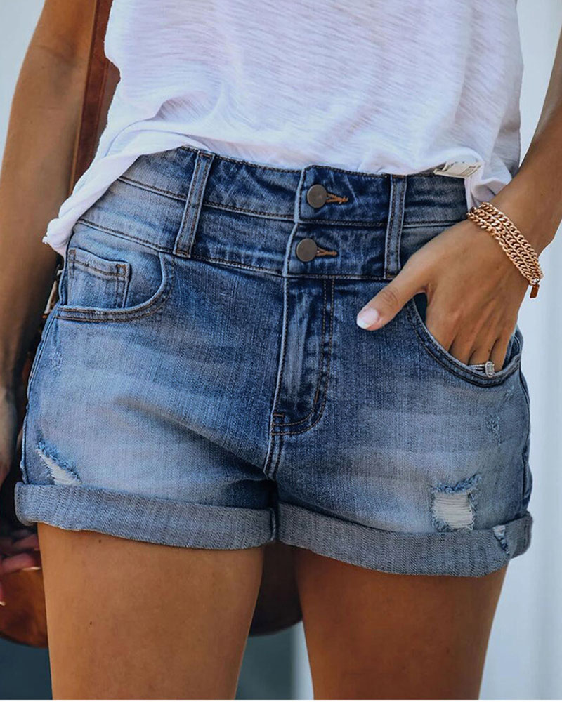 

Zipper Fly Ripped Roll Hem Denim Shorts, Blue