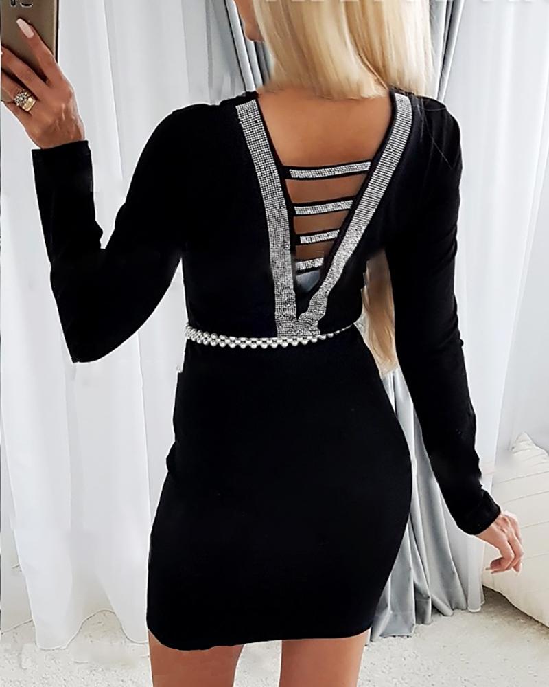 

Ladder Cutout Rhinestone Decor Bodycon Dress, Black