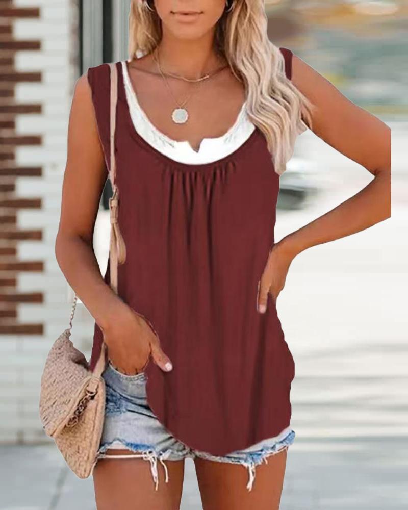 

Patchwork Ruched Design Tank Top, Wine red