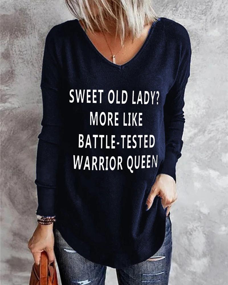 

Long Sleeve V-Neck Letter Print Top, Blue