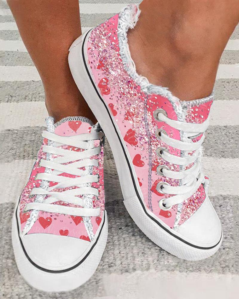 

Fringe Hem Heart Print Canvas Sneakers, Pink