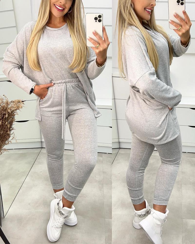 

Long Sleeve Top & Drawstring Pocket Design Pants Set, Gray