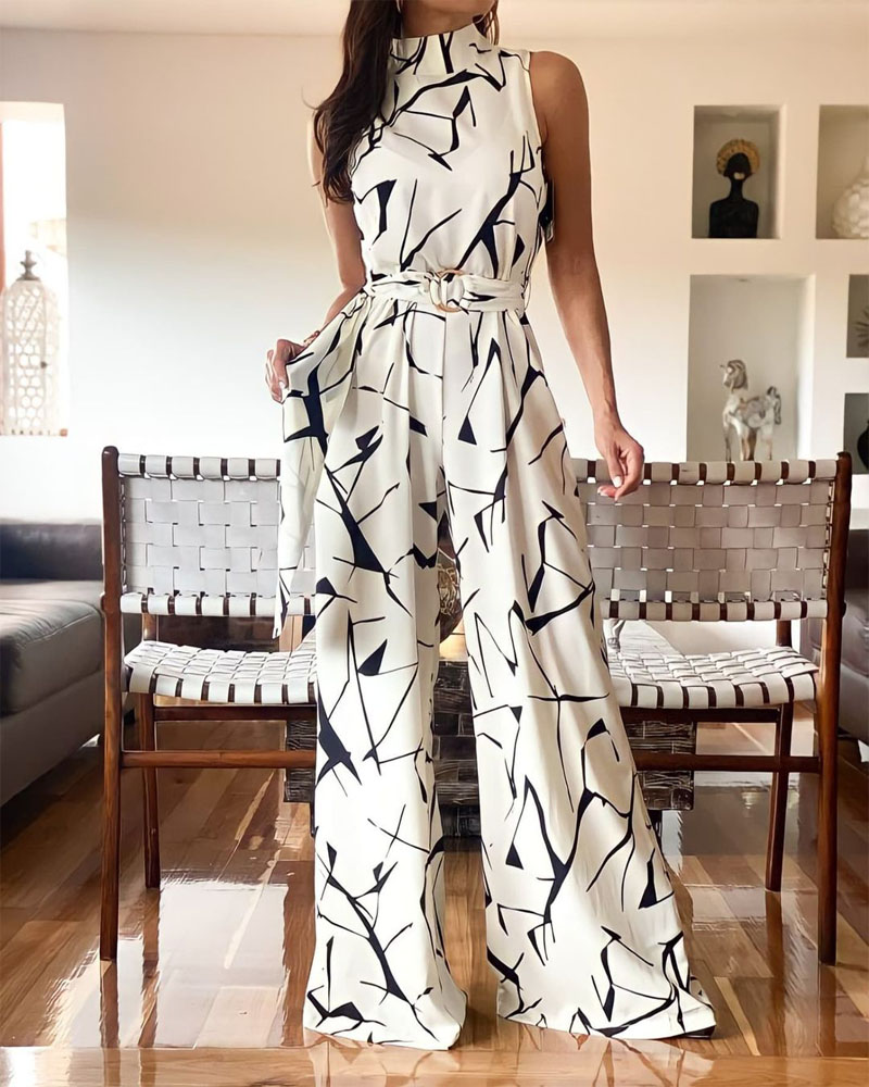 

Allover Print Sleeveless Belted Jumpsuit, White