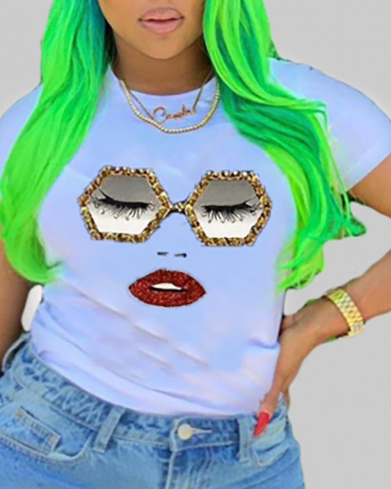 

Figure Print Short Sleeve Casual T-shirt, White