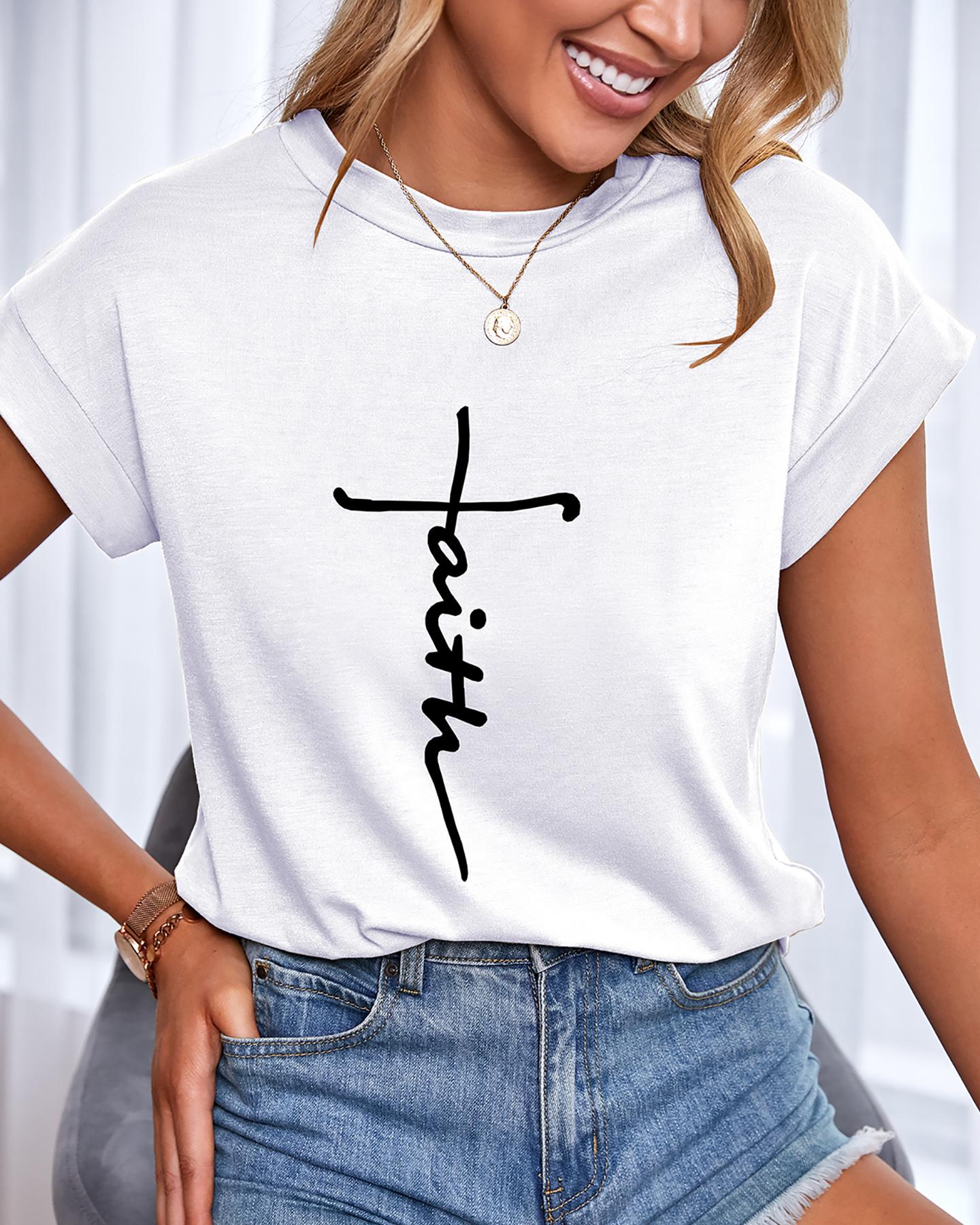 

Letter Print Short Sleeve Casual T-shirt, White