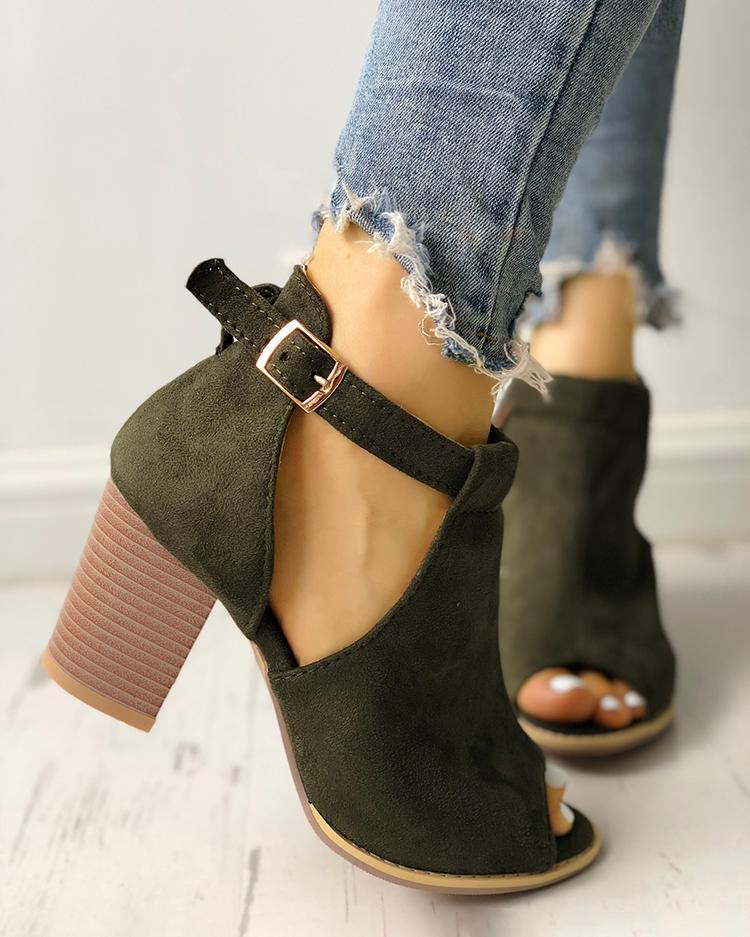 

Side Cutout Open Toe Block Buckle Heels Sandals, Army green