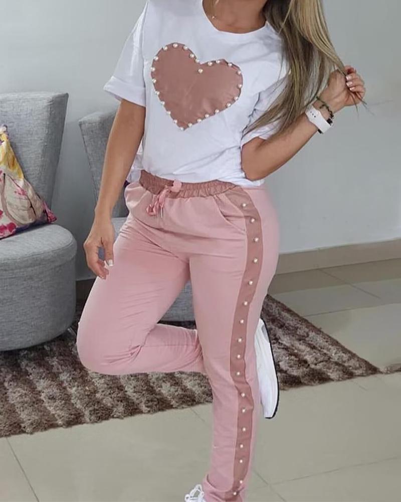 

Heart Print Beaded Top & Contrast Paneled Drawstring Pants Set, Pink