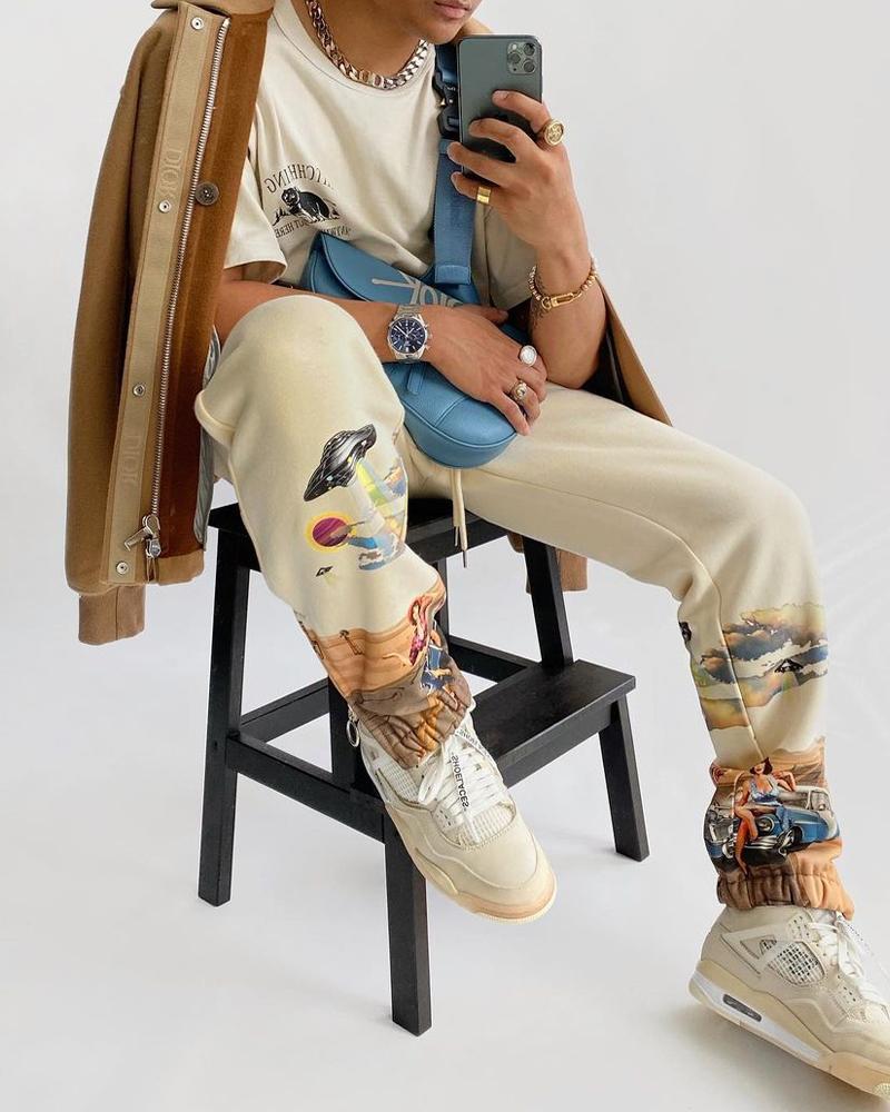 

Cartoon Printing Casual Straight Pants, Apricot