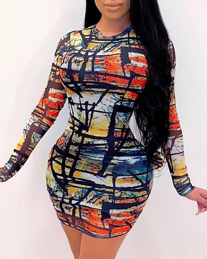 

Abstract Print Long Sleeve Bodycon Dress, Multicolor