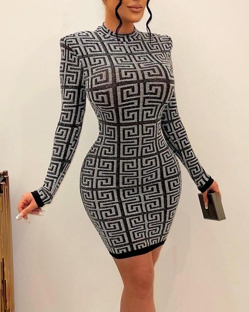 

Geometric Print Long Sleeve Dress, Black