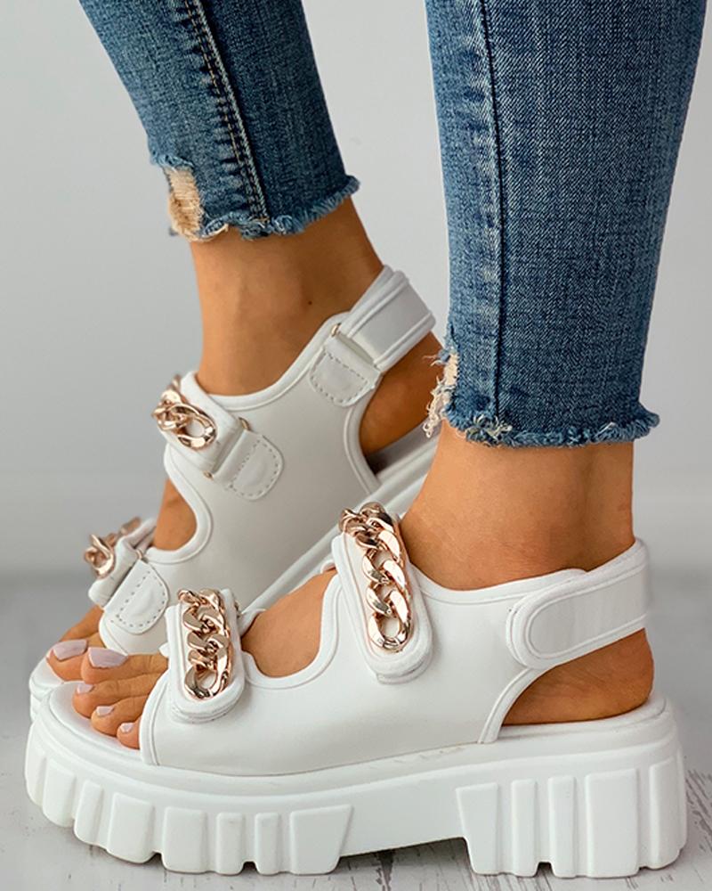

Velcro Chain Decor Platform Sandals, White