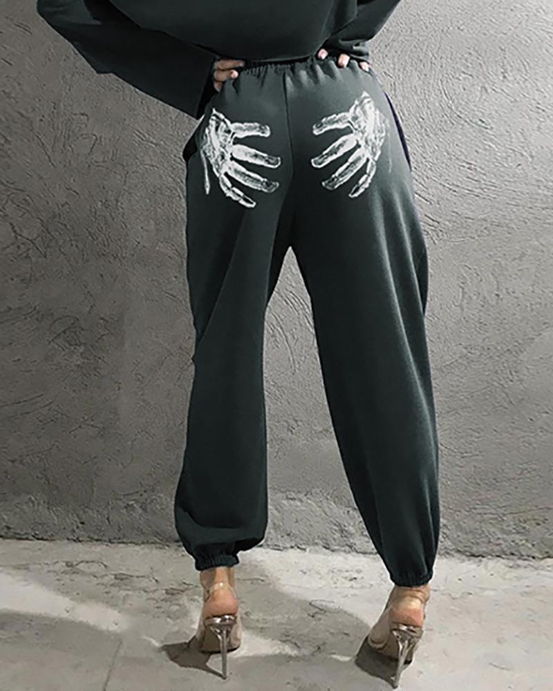 

Hands Print High Waist Pocket Design Pants, Black