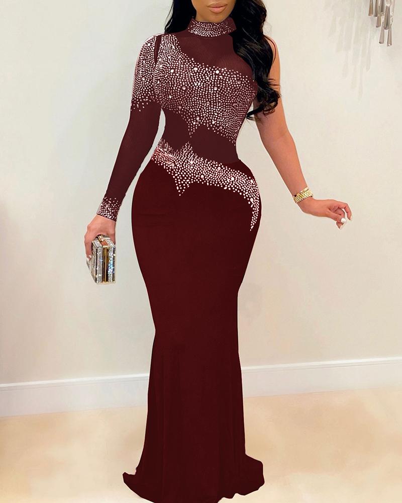 

One Shoulder Sheer Mesh Rhinestone Decor Evening Dress, Wine red