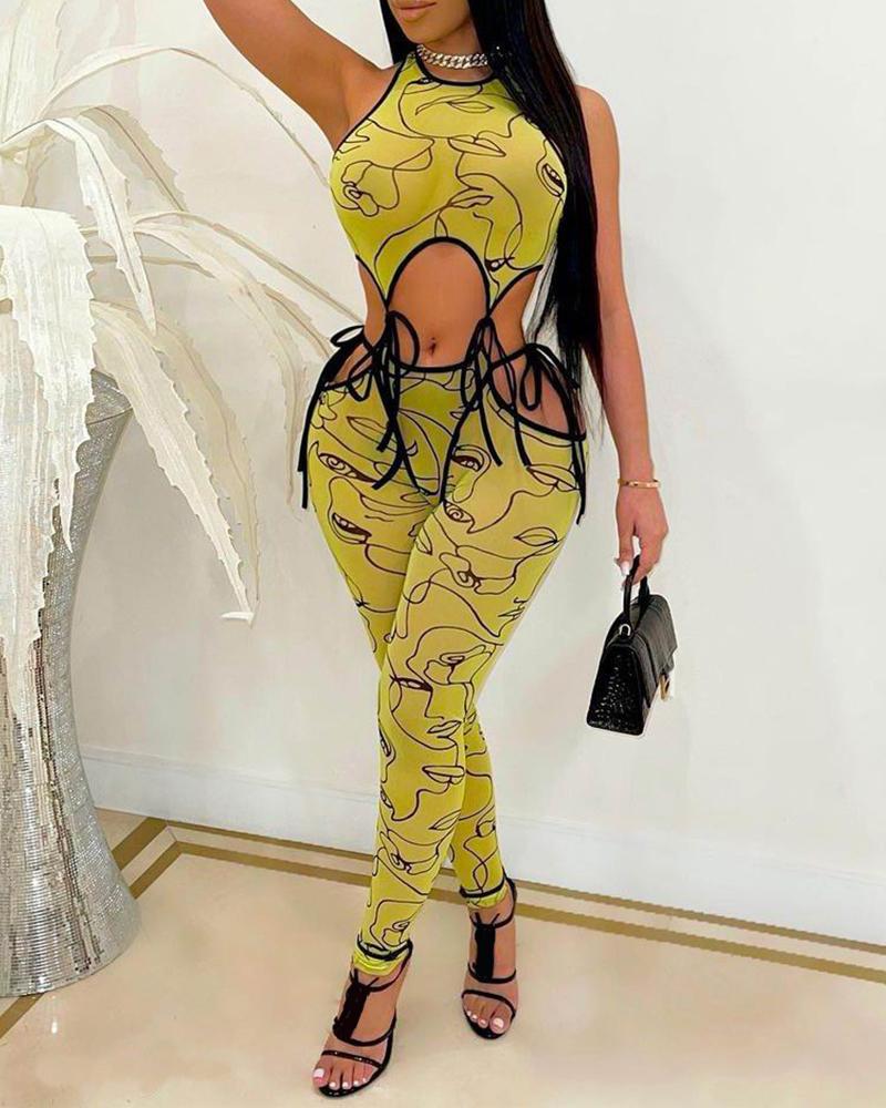 

Abstract Print Cutout Sleeveless Skinny Jumpsuit, Yellow