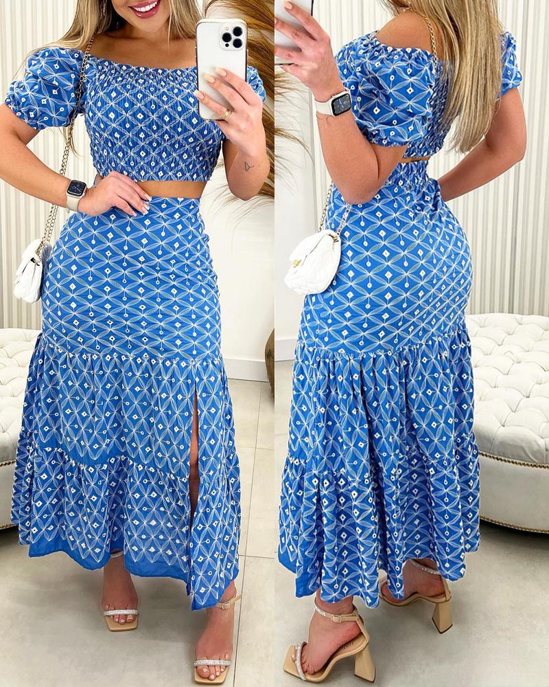 

Geometric Print Shirred Off Shoulder Top & Slit Skirt Set, Blue