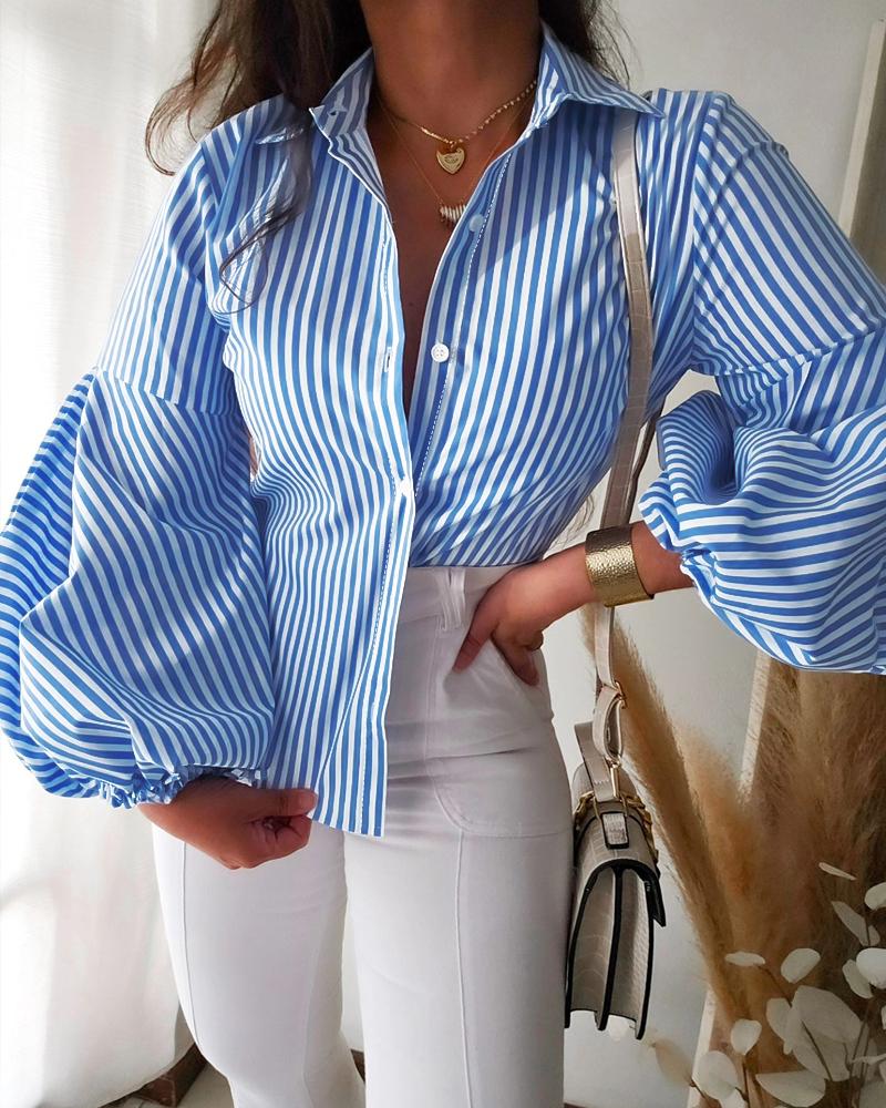 

Striped Print Turn-Down Collar Lantern Sleeve Slim Fit Blouse Front Button Casual Top, Lighted blue