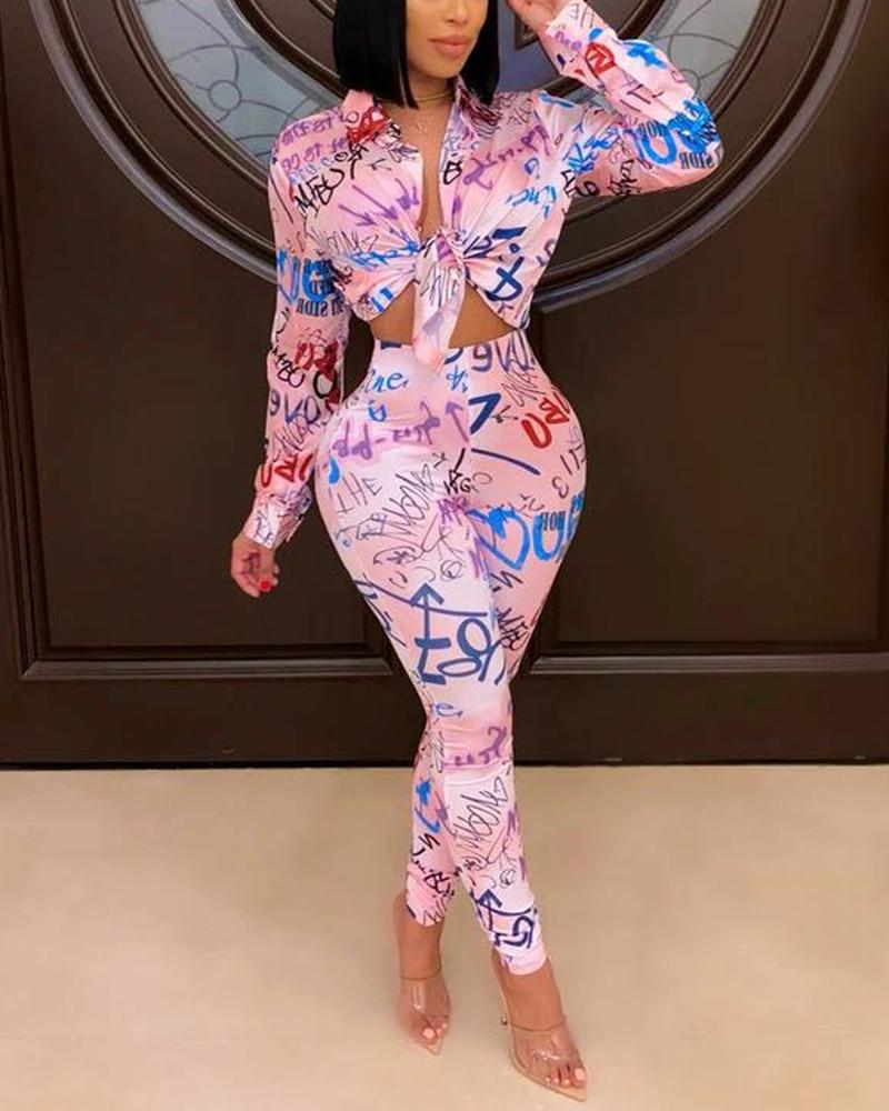 

Printing Long Sleeve Skinny Vlouse With Skinny Pants Suit Sets, Pink