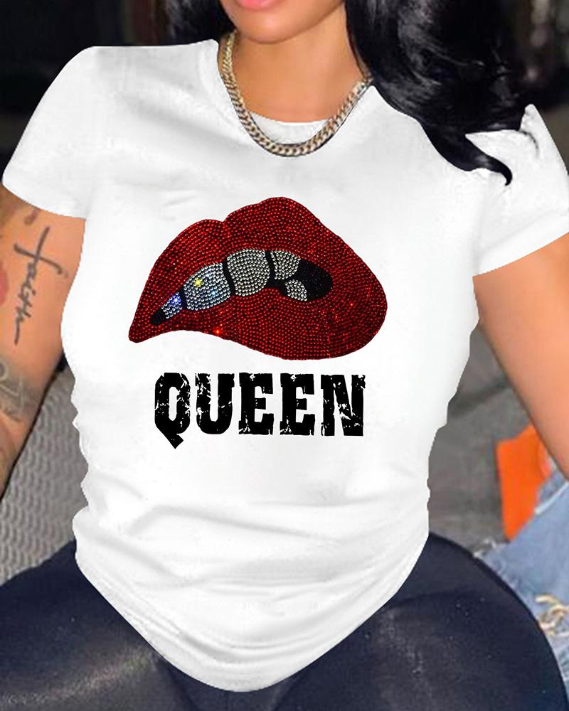 

Rhinestone Lip Letter Pattern Short Sleeve T-shirt, White